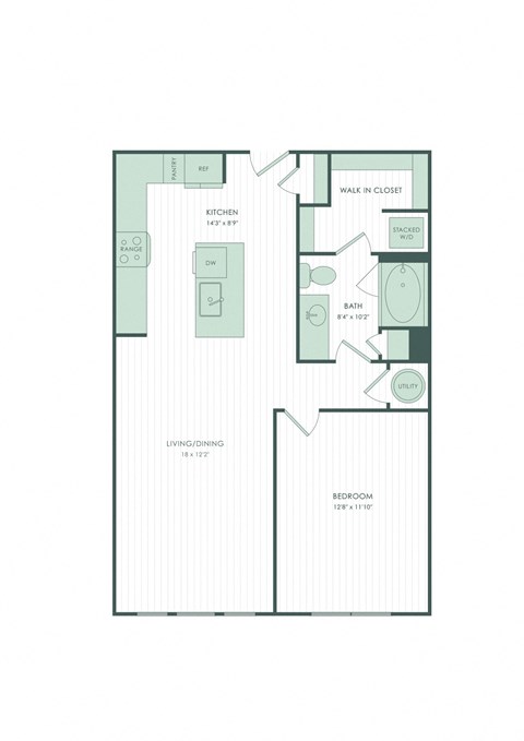 Floor plan for 1 bed, 1 bath, 774 sqft